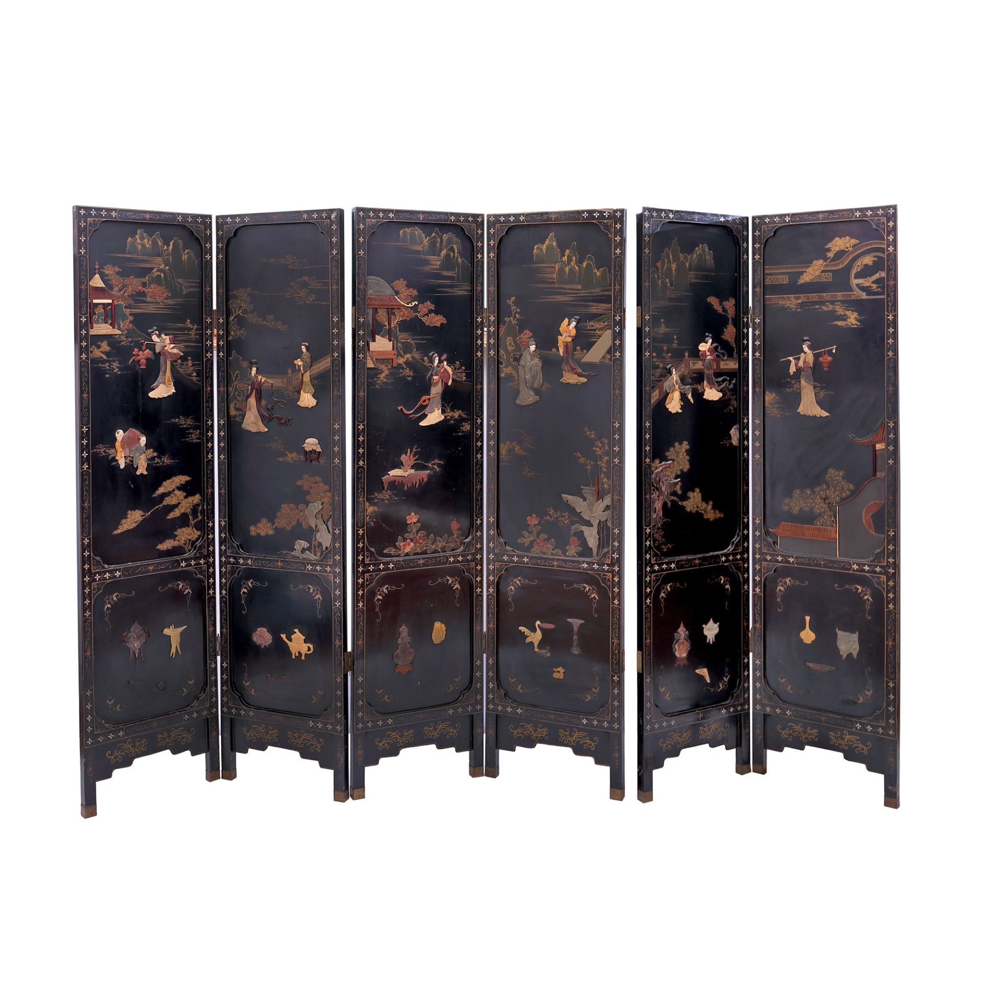 "Courtesans in the Forbidden Palace" - Coromandel-type screen, made of laque de Chine, decorated wit