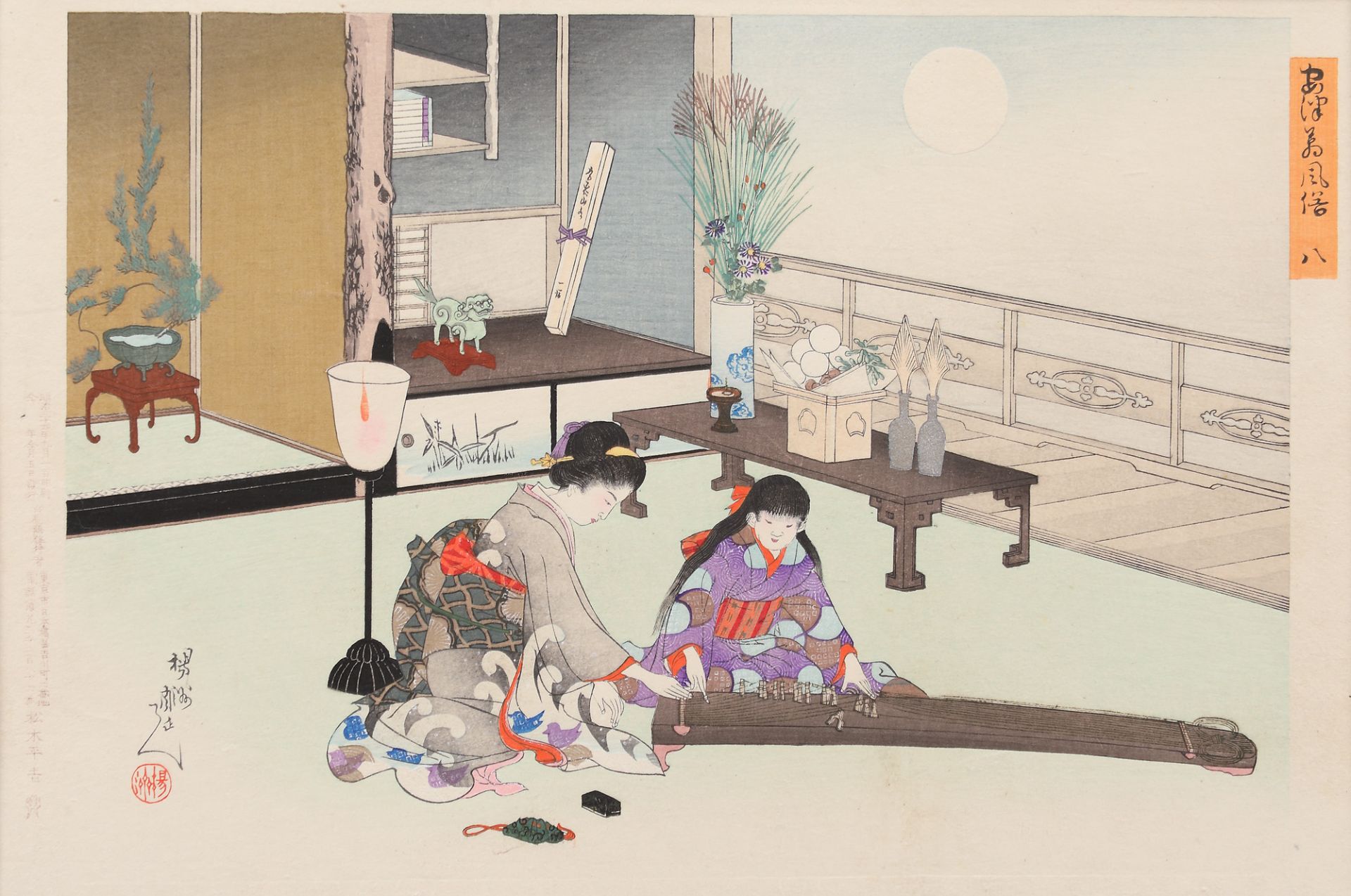 Toyohara Chikanobu, Koto playing lesson, from the series "Customs (of the Capital) from the East" (A