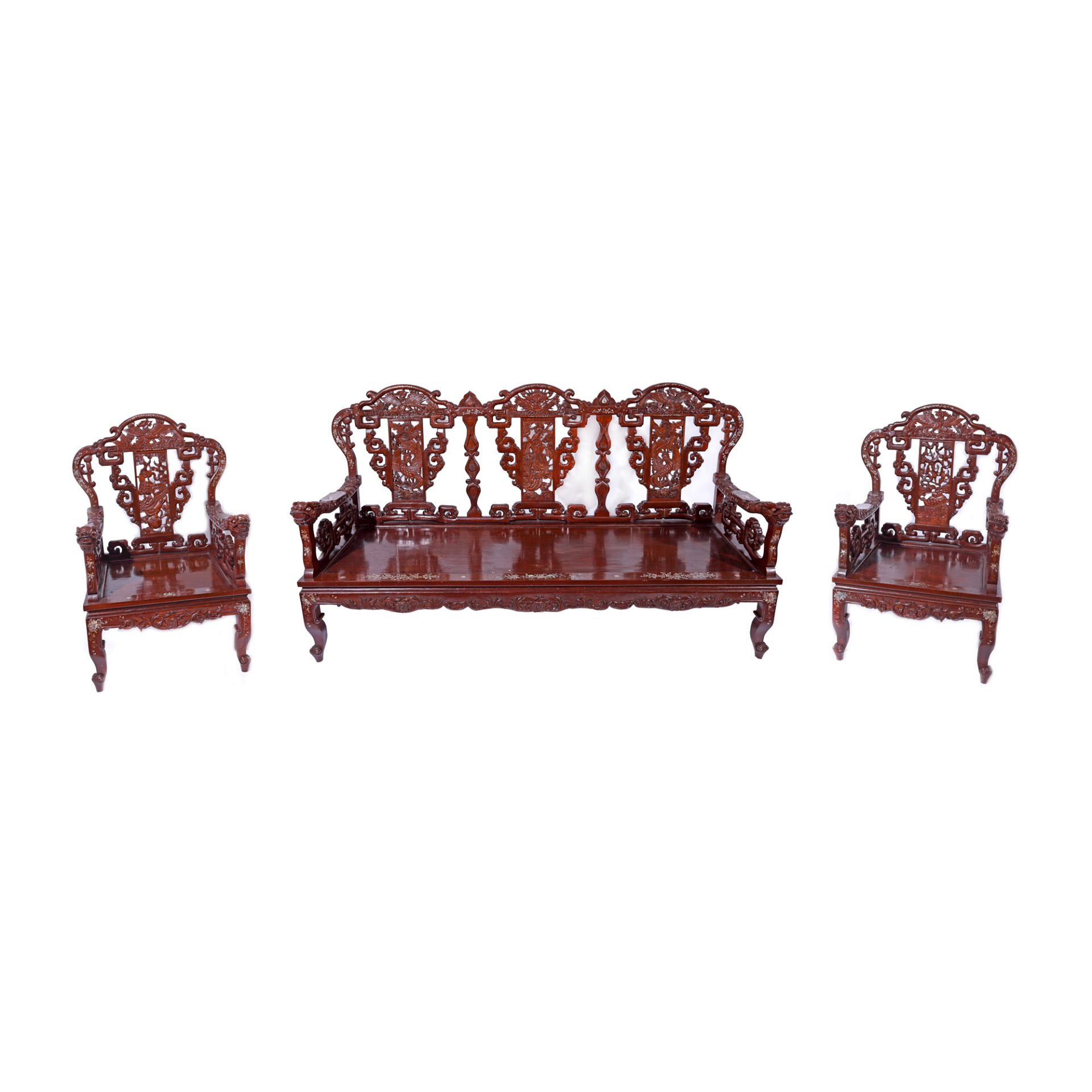 Bench and two armchairs, made of exotic wood with minute pearl inserts, the Republican period, China