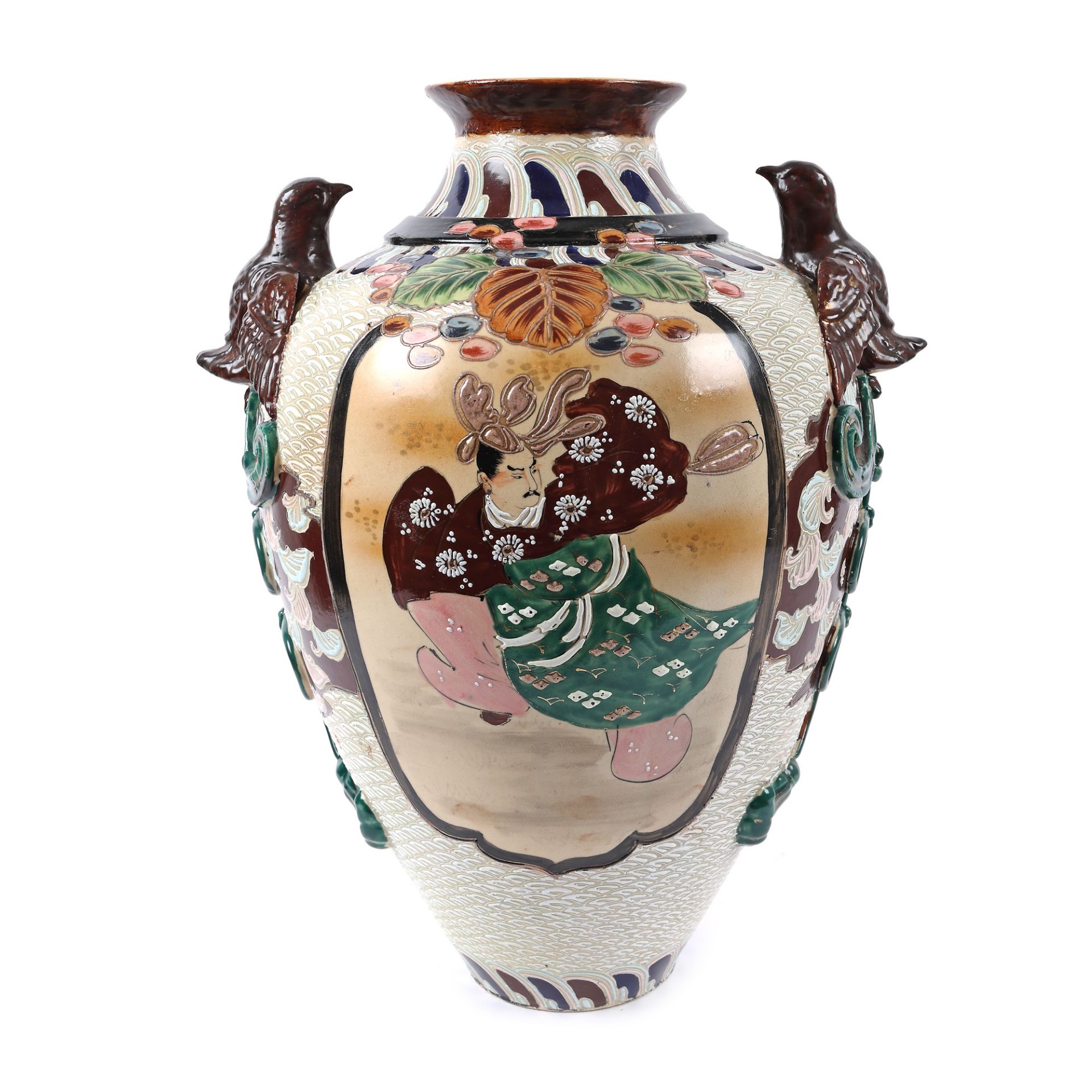 Satsuma vessel made of painted ceramics, decorated with samurai and nightingales, Japan - Image 3 of 4