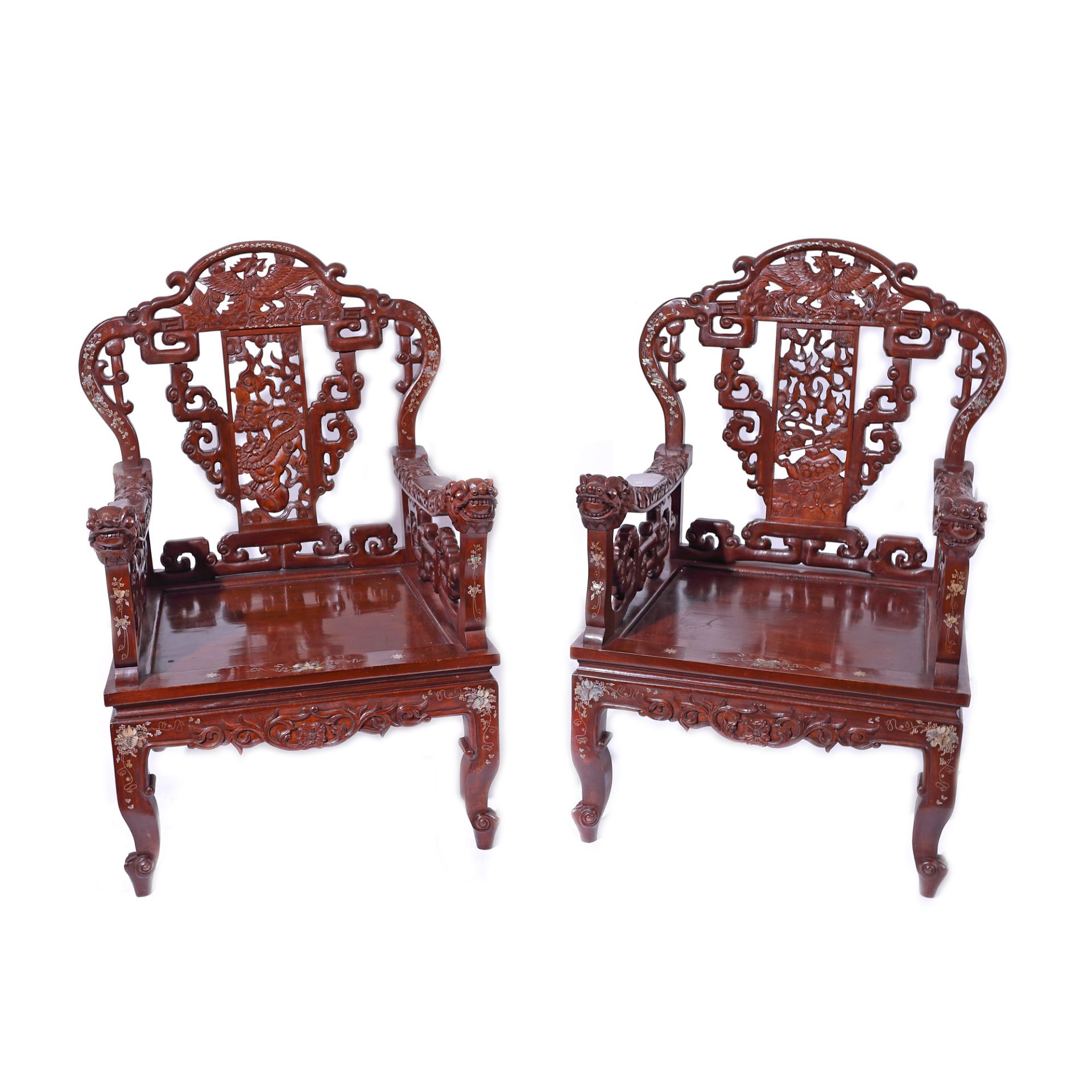 Bench and two armchairs, made of exotic wood with minute pearl inserts, the Republican period, China - Image 7 of 10