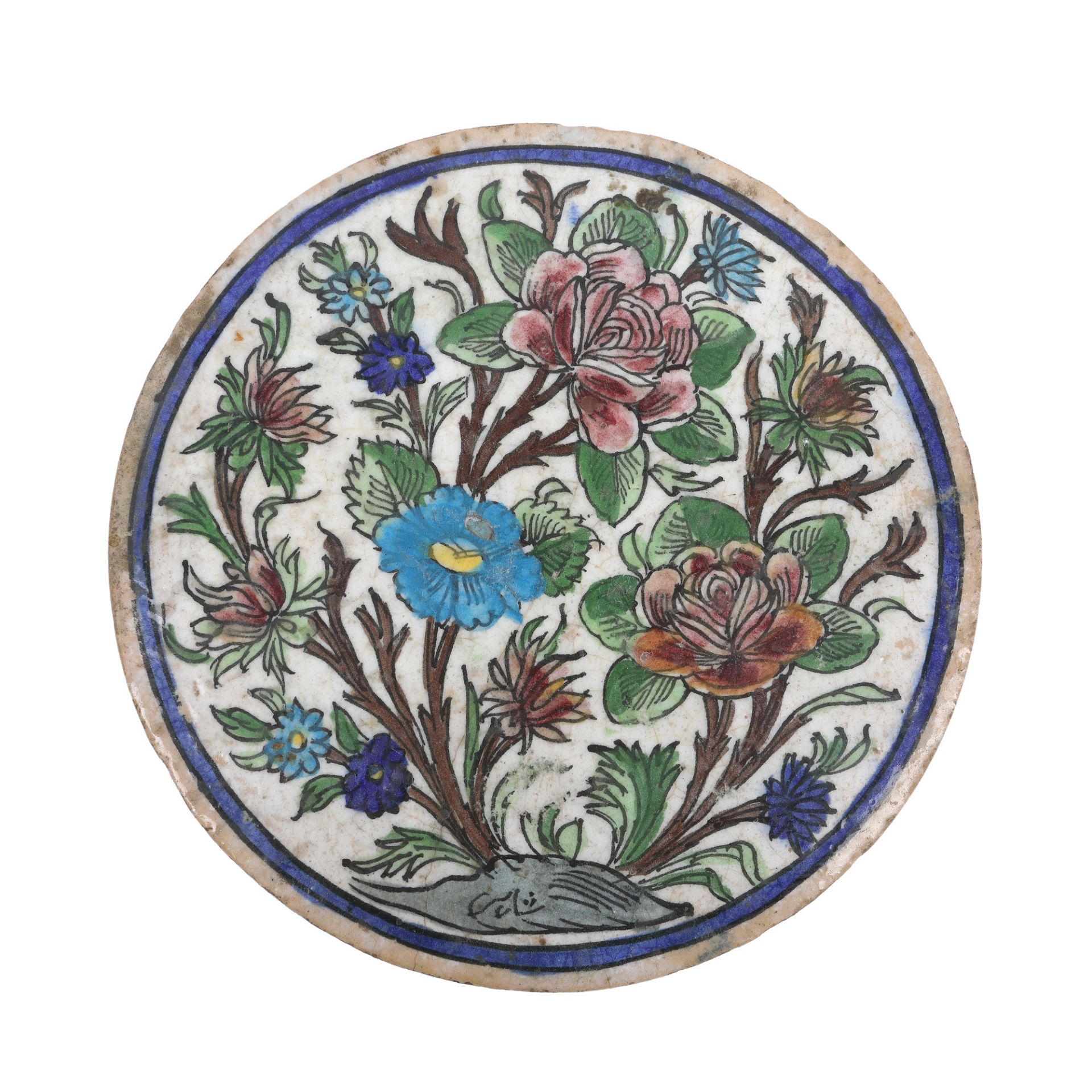 Terracotta plate/tile, decorated with vegetal and floral motifs, Kubachi manufacture, Iran, 17th-18t