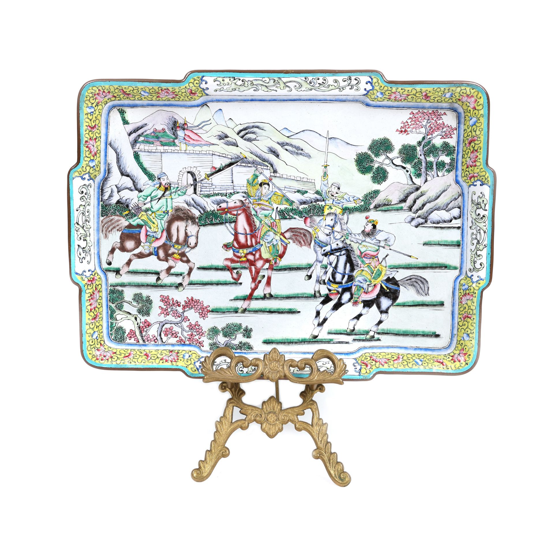 Enamel inlay cloisonné plate, decorated with battle scenes, China, mid-20th century, together with d