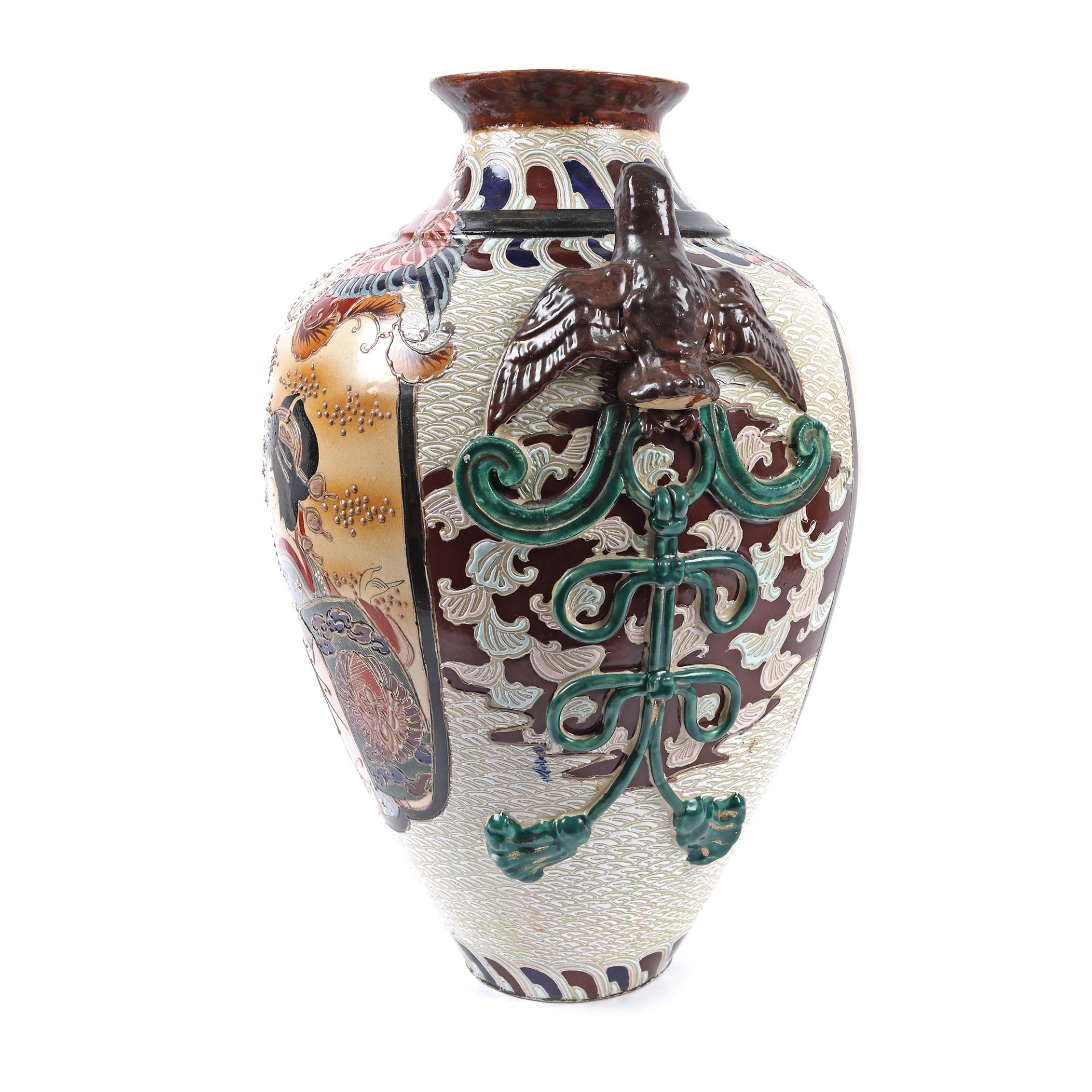 Satsuma vessel made of painted ceramics, decorated with samurai and nightingales, Japan - Image 2 of 4