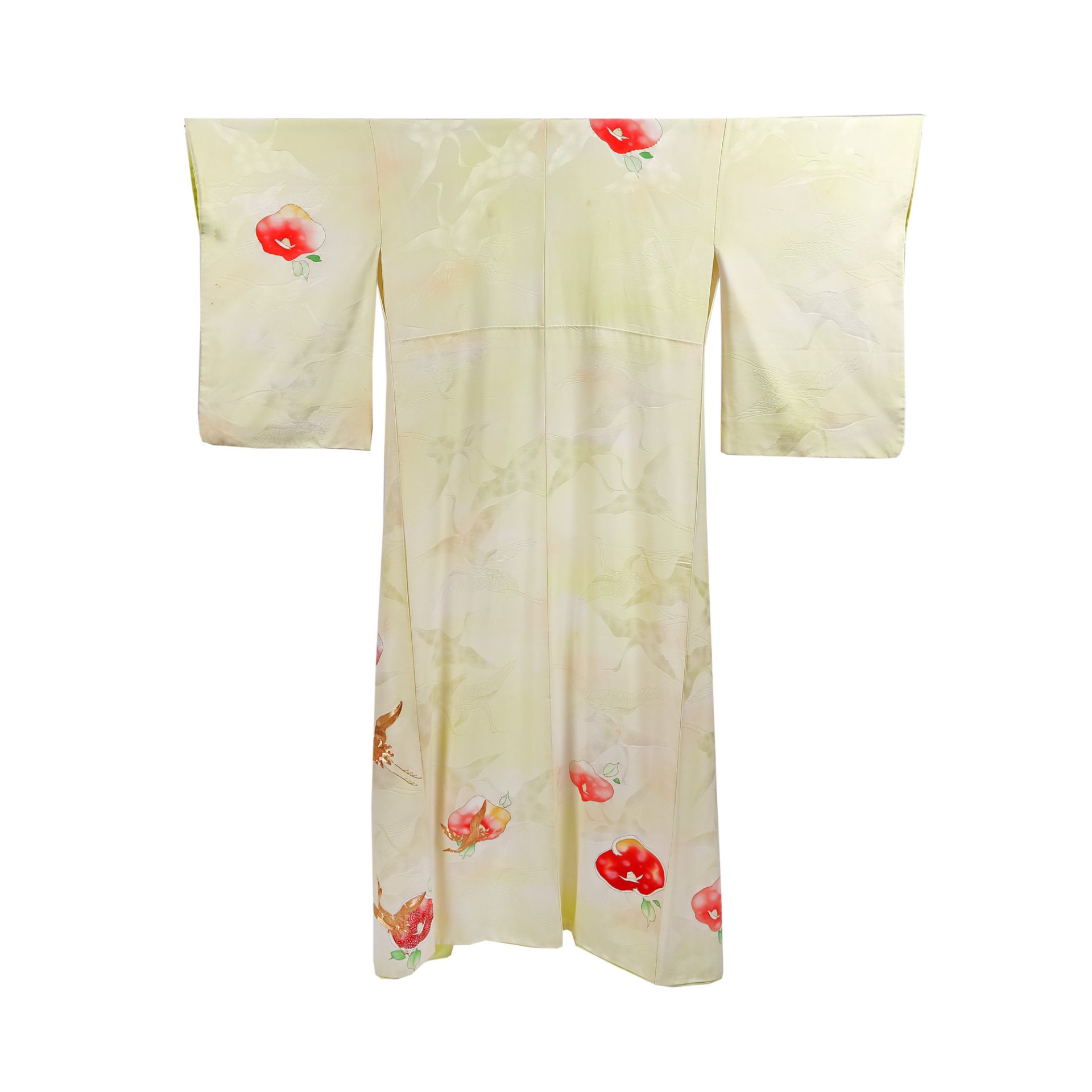 Furisode (ceremonial kimono) made of silk, embellished with painted camellias and golden thread embr - Image 3 of 3