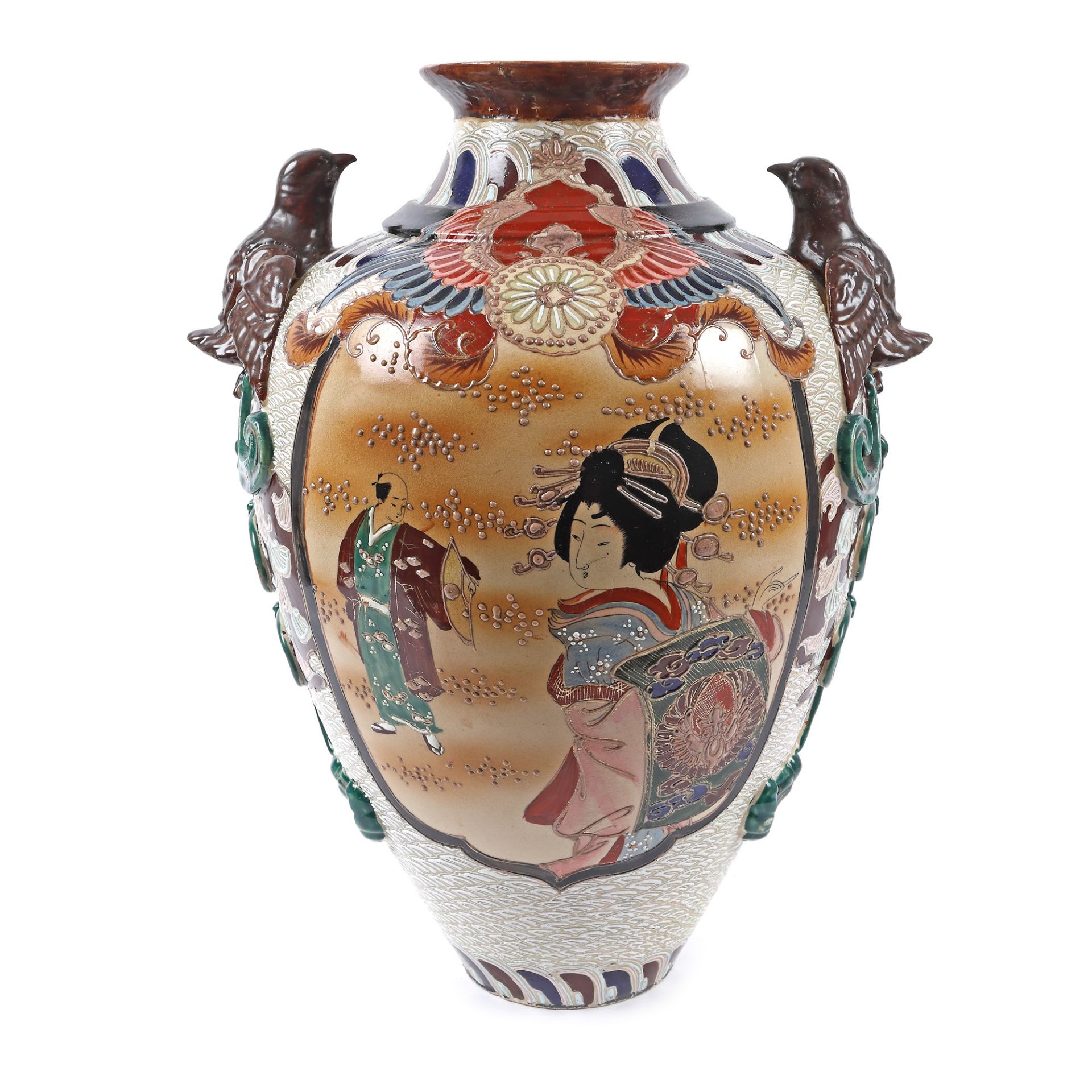 Satsuma vessel made of painted ceramics, decorated with samurai and nightingales, Japan
