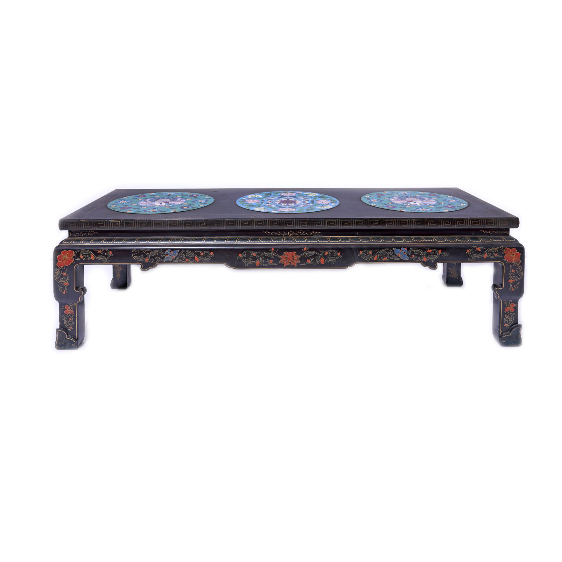 Impressive table made of exotic wood, decorated in the cloisonné technique with a floral rosette, th