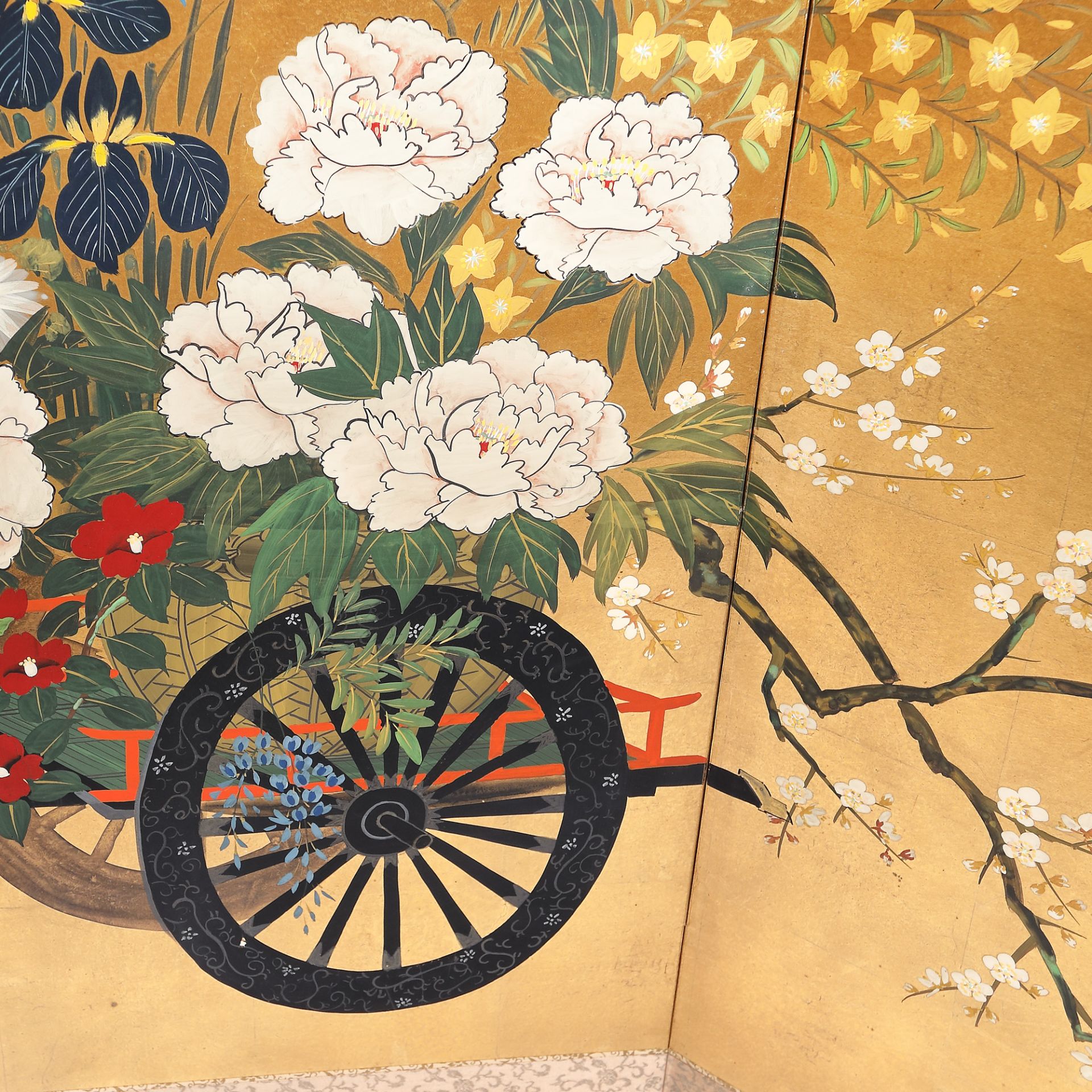 Screen decorated with chrysanthemums and cherry-tree flowers, signed, Japan, mid-20th century - Image 2 of 4