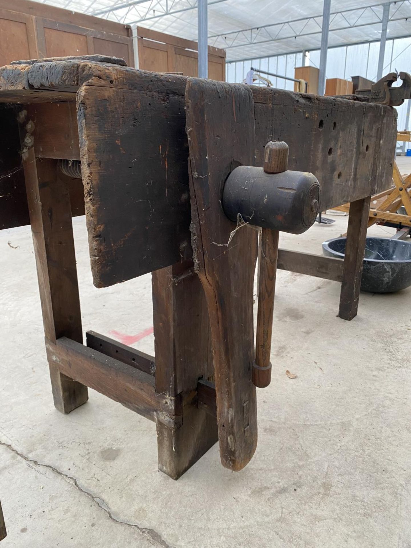 A VINTAGE WOOD WORK BENCH WITH WOODEN LEG VICE AND A SMALL RECORD BENCH VICE - Image 2 of 4