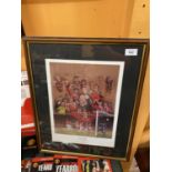 A FRAMED PICTURE BY STEPHEN DOIG DEPICTING SIR ALEX FERGUSON AND THE MANCHESTER UNITED TEAM