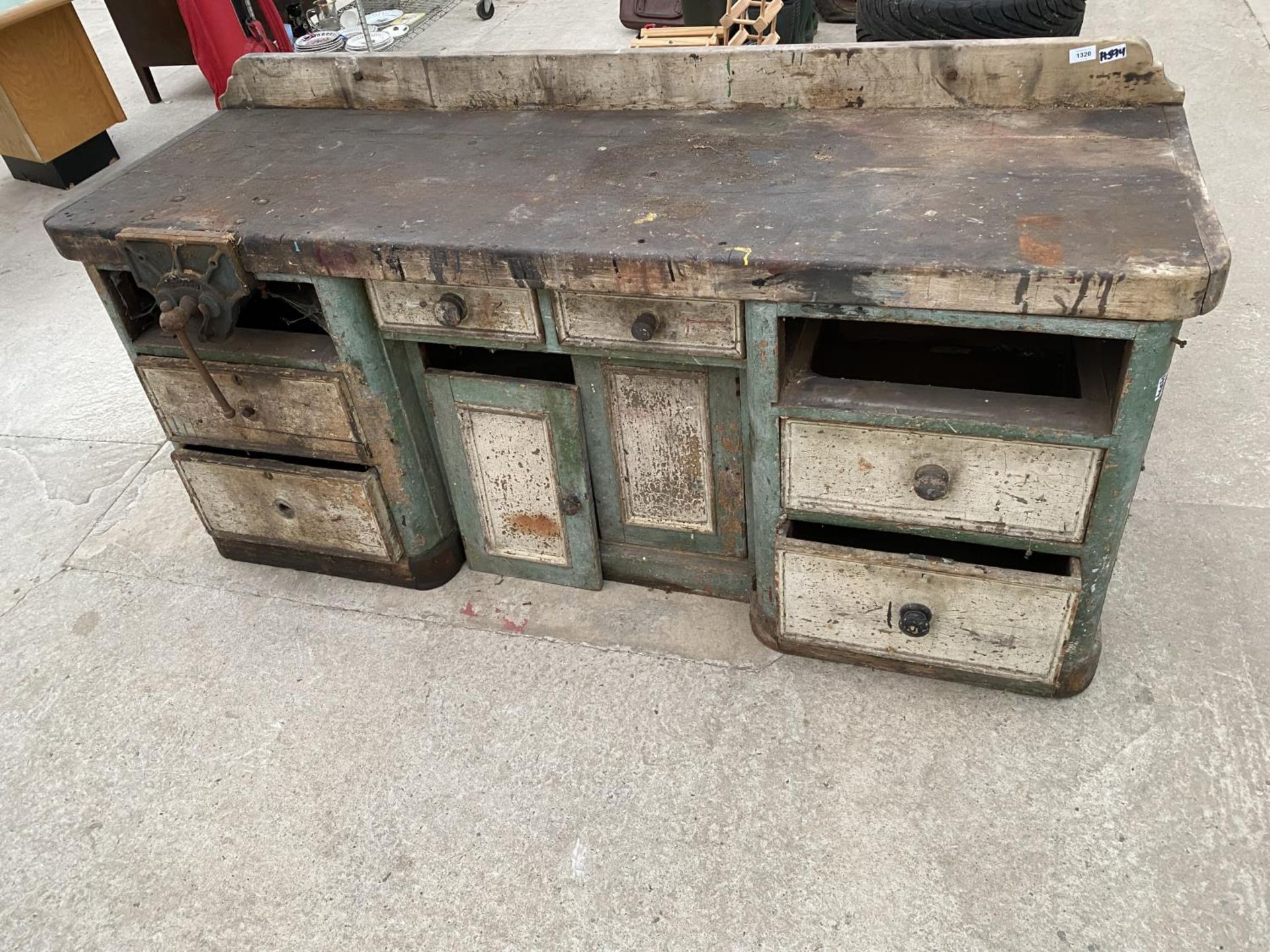 A LARGE VINTAGE WORK BENCH ENCLOSING SIX DRAWERS AND A LOWER CUPBOARD TO ALSO INCLUDE A RECORD BENCH - Image 2 of 6