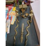 TWO BRASS SCONCES IN THE FORM OF COBRAS, A DESK TIDY IN THE FORM OF A COBRA AND A TRIVET