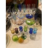 A SELECTION OF COLOURED GLASSES TO INCLUDE, SHERRY, CHAMPAGNE, WINE GLASSES, ETC