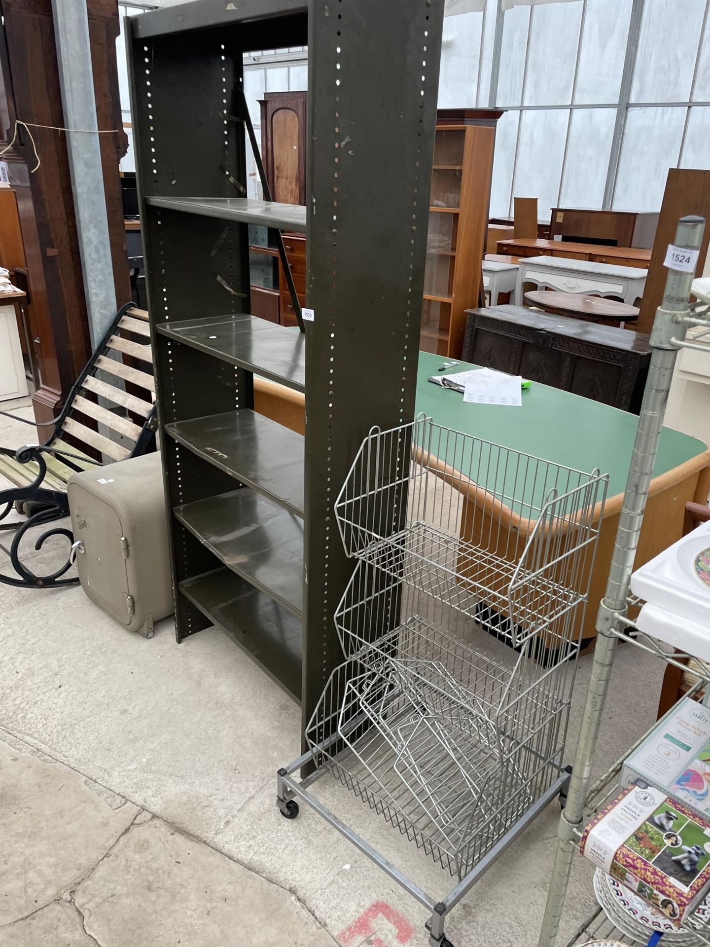 A METAL SHELVING UNIT AND A FURTHER THREE TIER METAL STORAGE RACK