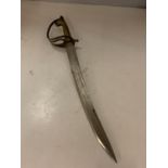 A BRASS HANDLED WHITE METAL SWORD WITH FAINT ENGRAVING ON BLADE, BLADE LENGTH 32CM