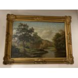 A GILT FRAMED OIL ON CANVAS 'CAPEL CURIG' BY THOMAS SPEAKE R.A. 1890, APPROX 35CM X 24CM