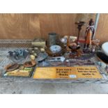 AN ASSORTMENT OF ITEMS TO INCLUDE A PEWTER TANKARD, TREEN TRIBAL FIGURES AND A SHIPS WHEEL BEROMETER