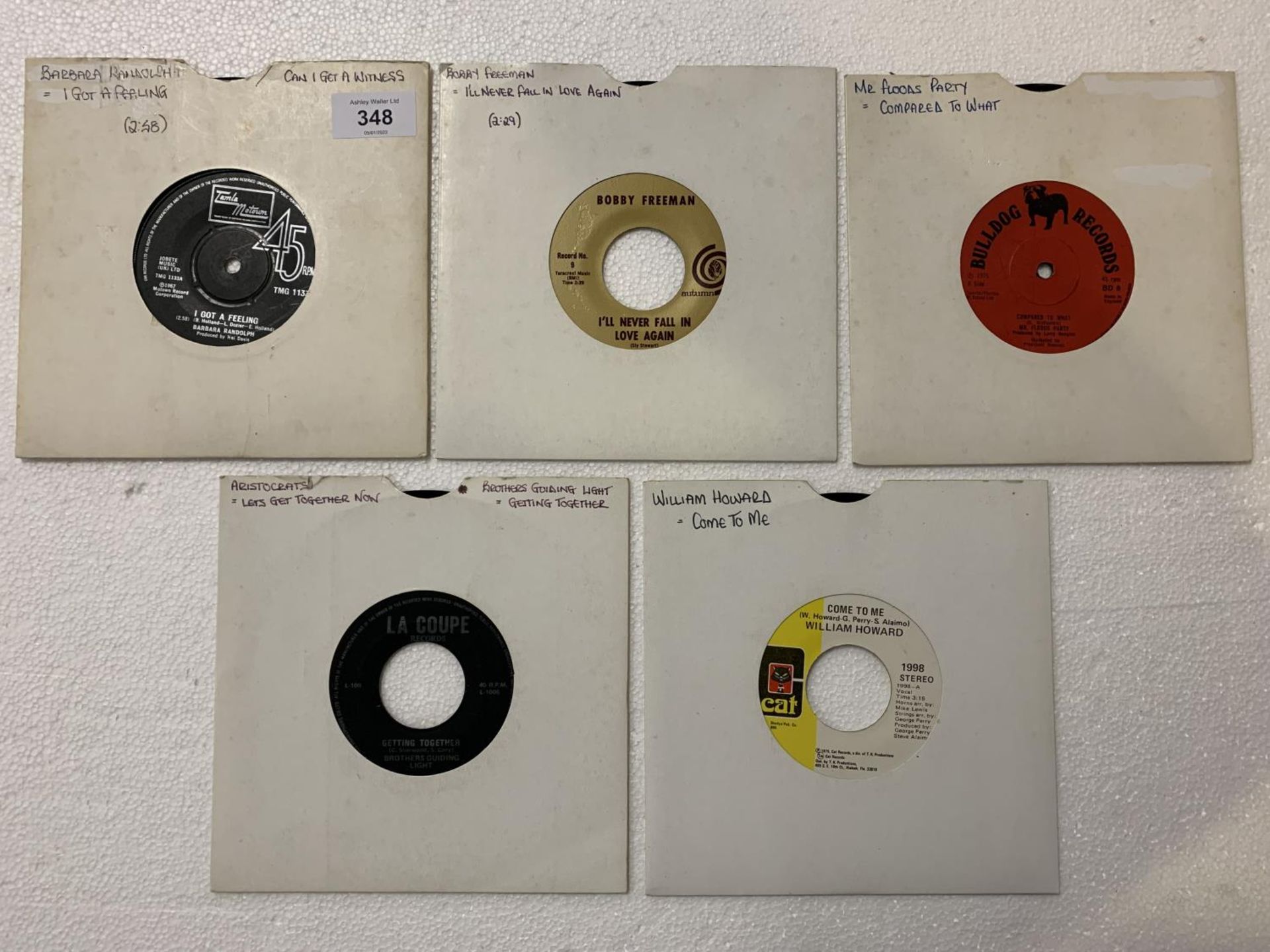 FIVE 7 INCH VINYL FUNK / SOUL RECORDS TO INCLUDE: ARISTOCRATS, BROTHERS GUIDING LIGHT, MR FLOODS