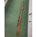 A VINTAGE 'A.W. GAMAGE LTD' LONDON SPLIT FLY CANE FISHING ROD IN ORIGINAL BAG