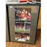 A FRAMED MONTAGE DEPICTING TEDDY SHERINGHAM, OLE GUNNAR SOLSKJAER AND ALL OF THE MANCHESTER UNITED