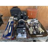 AN ASSORTMENT OF ITEMS TO INCLUDE FLAT WARE, BINOCULAARS AND CAMERAS ETC