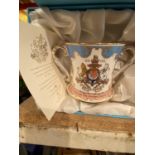 A BOXED BONE CHINA LOVING CUP TO COMMEMORATE THE GOLDEN JUBILEE OF THE QUEEN. LIMITED EDITION NUMBER