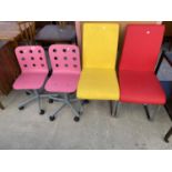 TWO PINK CHILDS OFFICE TYPE CHAIRS AND TWO CHROME FRAMED CHAIRS (RED & YELLOW)