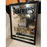 A VINTAGE 'TEACHER'S SCOTCH WHISKY' WOODEN FRAMED PUB MIRROR 64CM X 46CM