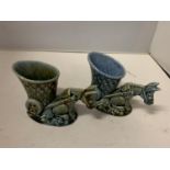 TWO SHAMROCK POTTERY DONKEY AND CART FIGURES