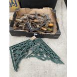 TWO PAIRS OF DECORATIVE CAST WALL BRACKETS AND AN ASSORTMENT OF VINTAGE HAND TOOLS