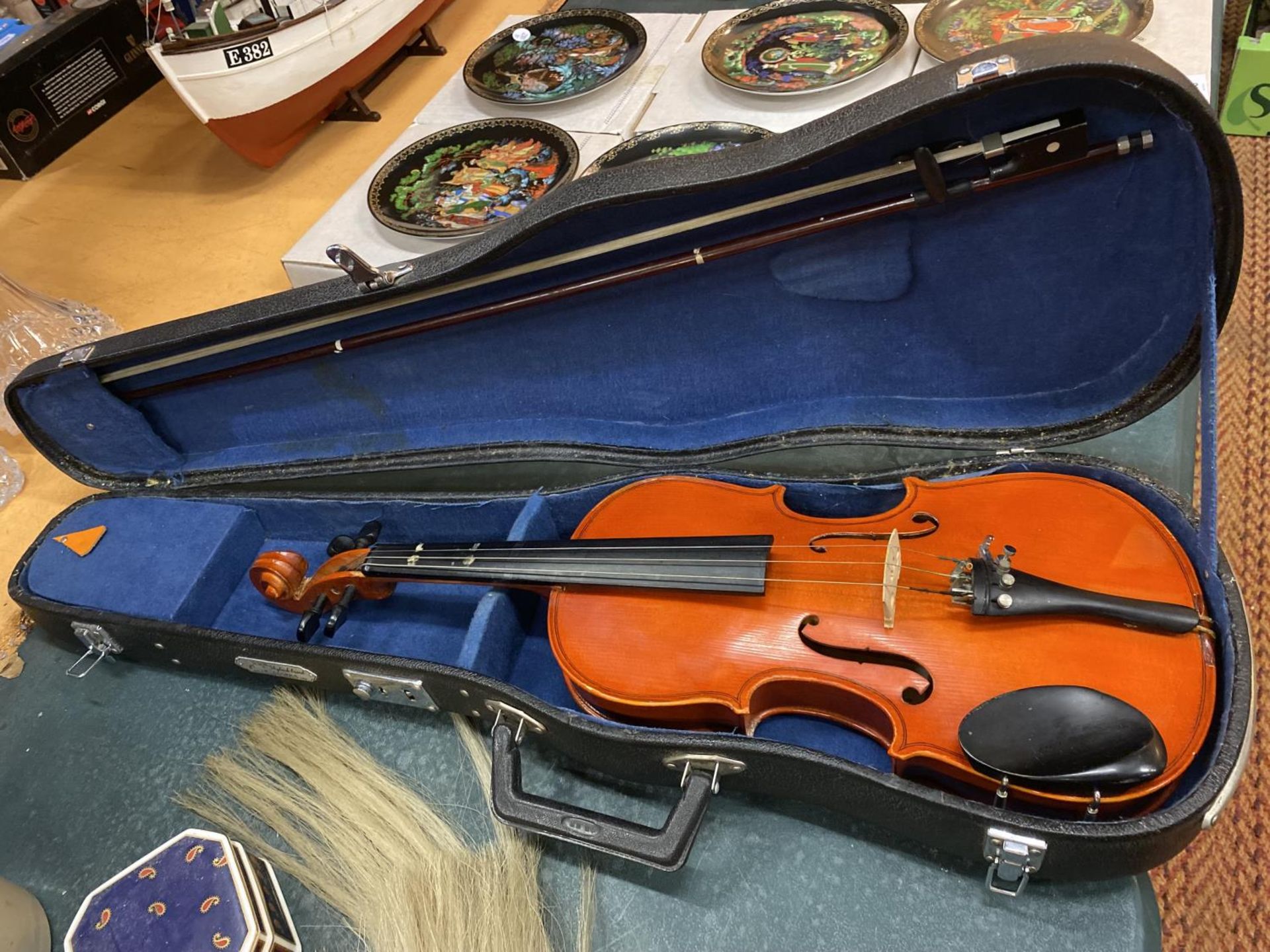 A CASED SKYLARK VIOLIN (3 STRINGS) WITH THE BOW