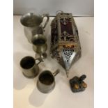 VARIOUS ITEMS OF PEWTER AND WHITE METAL TO INCLUDE A MORROCAN STYLE LANTERN AND TANKARDS