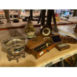 A COLLECTION OF ITEMS TO INCLUDE WOODEN BOXES WITH SCALES AND WEIGHTS, A SMALL NAPOLEON'S HAT MANTLE