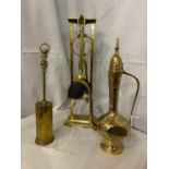 A BRASS COMPANION SET AND A BRASS ASIAN STYLE JUG