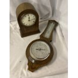 A WOODEN CASED BAROMETER TOGETHER WITH A WOODEN CASED MANTEL CLOCK