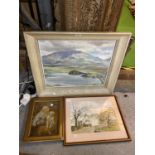 THREE FRAMED PICTURES TO INCLUDE, AN OIL? MOUNTAINOUS SCENE, SIGNED THOMAS G HILL, HOUSE AT