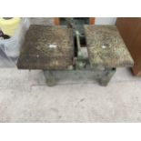 A SET OF CAST IRON BALANCE SCALES AND 2 WEIGHTS 2 CWT