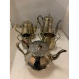 THREE SILVER PLATE TEA/COFFEE POTS, ONE MARKED E&CO 3524 TO BASE WITH FURTHER MILK/CREAM JUG AND