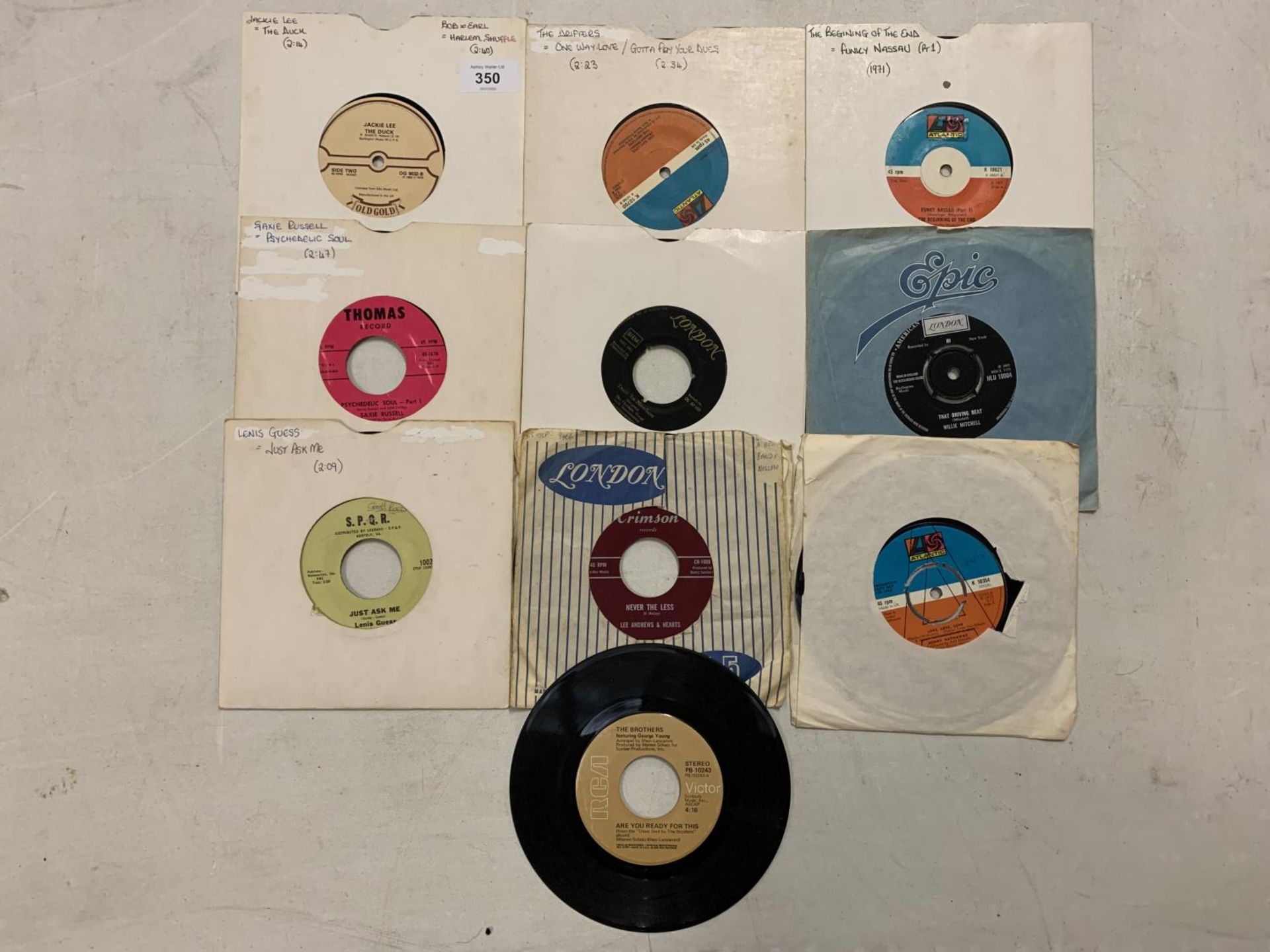 A COLLECTION OF 7 INCH MOSTLY FUNK / SOUL VINYL RECORDS TO INCLUDE: THE DRIFTERS, JACKIE LEE,