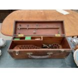 A VINTAGE WOODEN CASED GUN CLEANING KIT AND OTHER SHOOTING RELATED ITEMS ETC