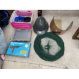 AN ASSORTMENT OF ITEMS TO INCLUDE A HELMET, FISHING TACKLE AND AN ELECTRONIC TARGET PISTOL ETC