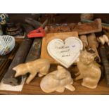 A LARGE AMOUNT OF MAINLY TREEN ITEMS TO INCLUDE, CATS, A SIGN, VINTSGE ROLLING PINS, PLAQUES, TIN