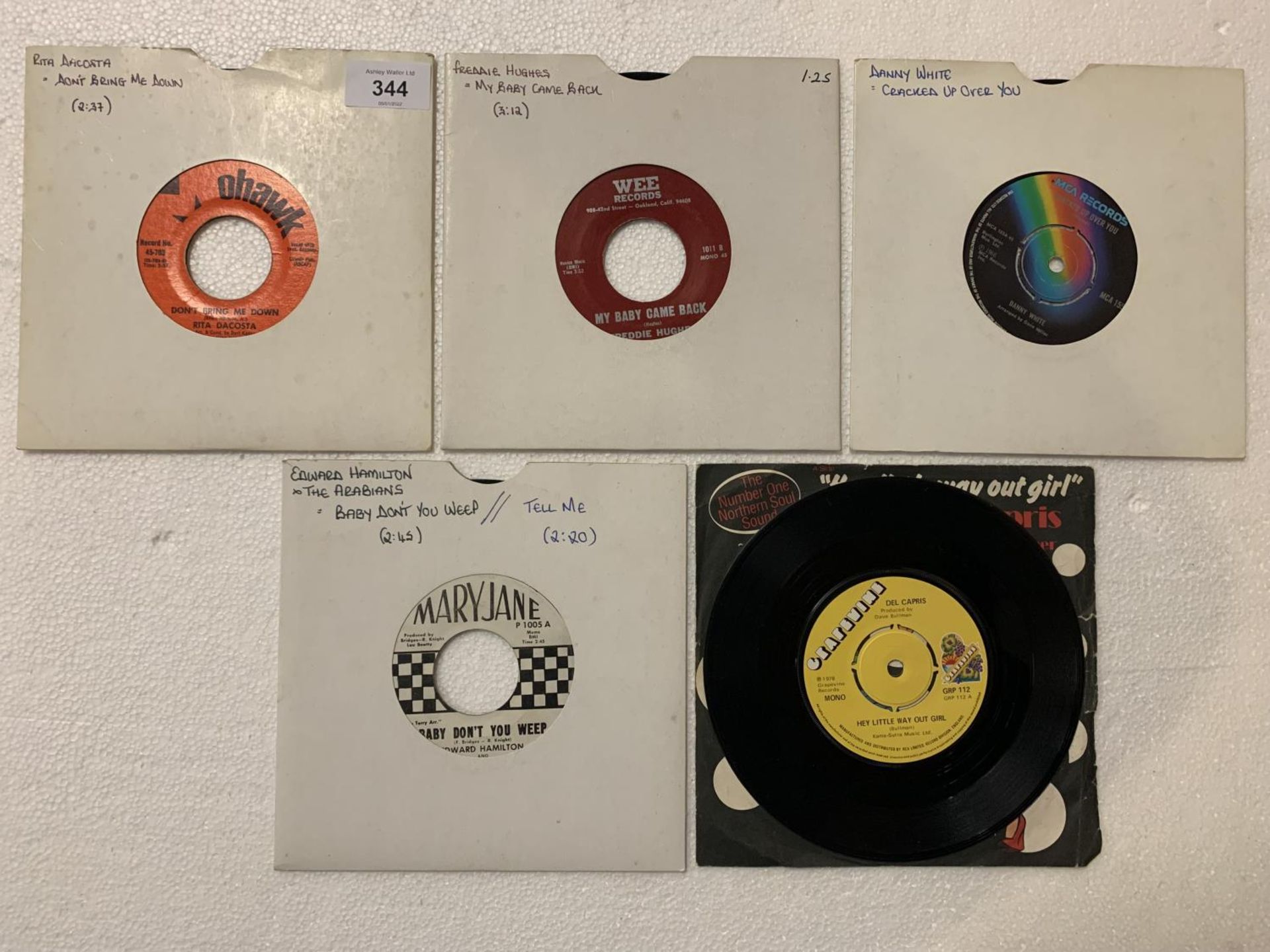 FIVE 7 INCH VINYL FUNK / SOUL RECORDS TO INCLUDE: RITA DACOSTA, FREDDIE HUGHES, DANNY WHITE,