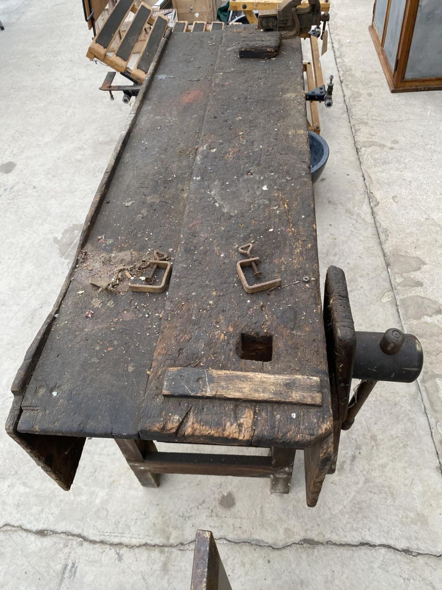 A VINTAGE WOOD WORK BENCH WITH WOODEN LEG VICE AND A SMALL RECORD BENCH VICE - Image 3 of 4