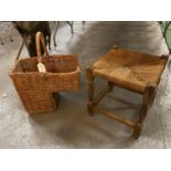 A WOVEN SEATED STOOL AND A BASKET