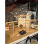 FOUR HANDMADE WOODEN JEWELLERY DISPLAY STANDS, A VANITY CASE AND TWO SUGAR AND VICE NECKLACES
