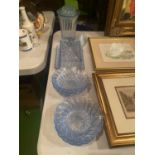 A QUANTITY OF BLUE GLASSWARE TO INCLUDE A VASE, CHEESE DISH AND DISHES, ETC