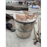 A LARGE VINTAGE GALVANISED STORAGE DRUM WITH HINGED LID