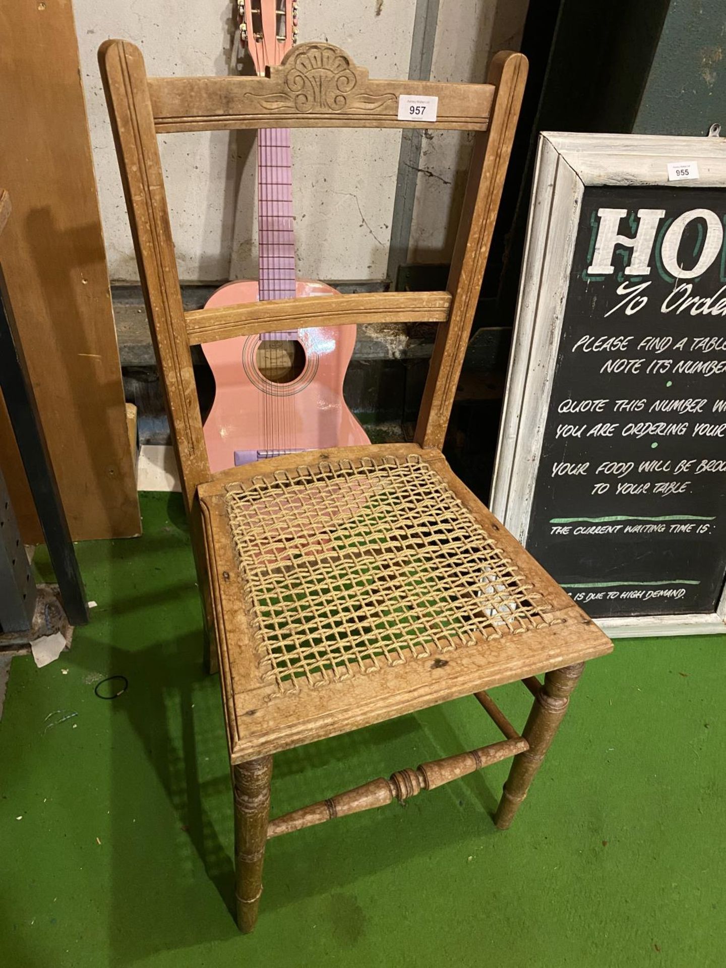 A PINE CHAIR WITH A CARVED BACK STRETCHER AND A RATTAN SEAT - Image 2 of 3