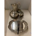 AN ORNATE BAMBOO HANDLE STYLE SILVER PLATE TEA AND COFFEE SET ON TRAY, COMPRISING TEA, COFFEE POT,